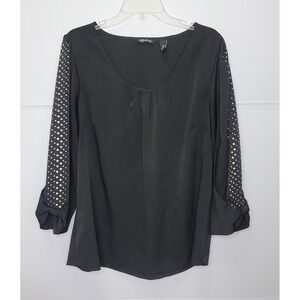 Millenium Blouse Women 1X Black Studded Sleeve Bow Cuff Scoop Neck Top Goth Y2K